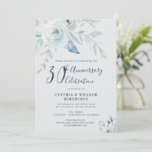Elegant blue floral 30th bruiloft kaart (Staand voorkant)