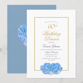 Elegant Blue Floral 60th Birthday Dinner Kaart