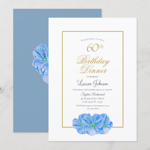 Elegant Blue Floral 60th Birthday Dinner Kaart