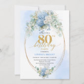 Elegant Blue Floral 80th Birthday Party Invitation Kaart (Voorkant)