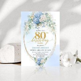 Elegant Blue Floral 80th Birthday Party Invitation Kaart