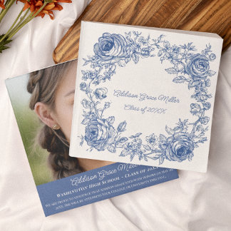 Elegant Blue Floral Afstuderen Fotoaankondiging Aankondiging