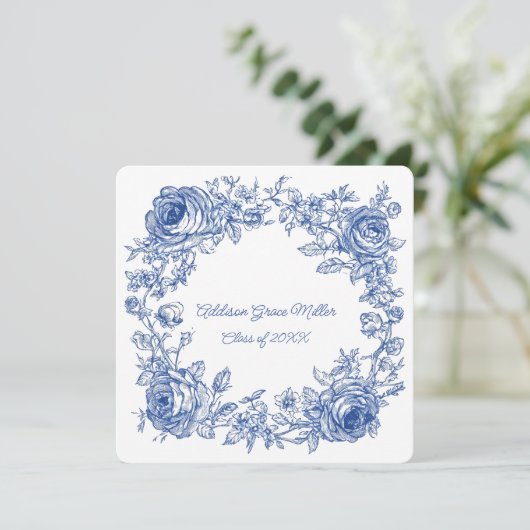 Elegant Blue Floral Afstuderen Fotoaankondiging Aankondiging (Staand voorkant)