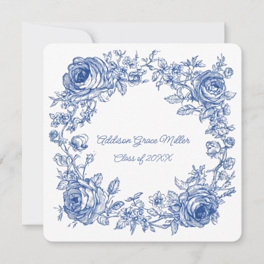 Elegant Blue Floral Afstuderen Fotoaankondiging Aankondiging (Voorkant)