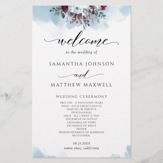 Elegant Blue Floral and Burgundy Wedding Programme (Voorkant)