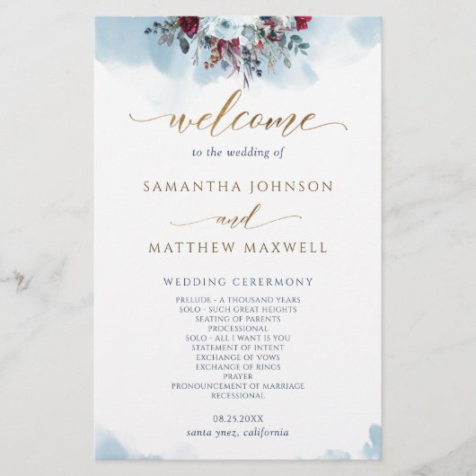 Elegant Blue Floral and Waterverf Wedding Programm (Voorkant)