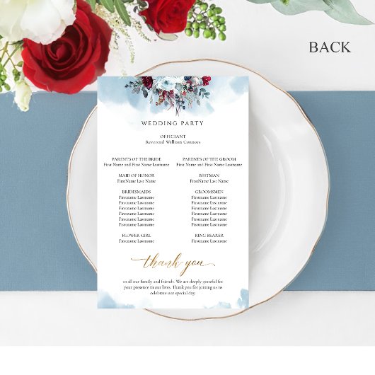 Elegant Blue Floral and Waterverf Wedding Programm