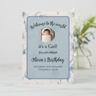 Elegant blue floral baby announcement kaart