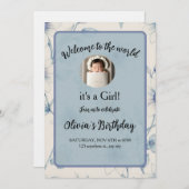 Elegant blue floral baby announcement kaart (Voorkant / Achterkant)