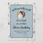 Elegant blue floral baby announcement kaart (Voorkant)