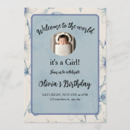 Elegant blue floral baby announcement kaart