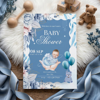 Elegant Blue Floral Baby Boy Welcome Kaart