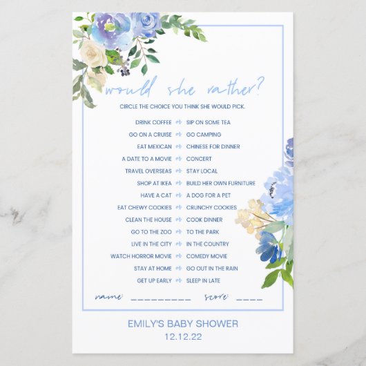Elegant Blue Floral Baby shower Game Gedrukt (Voorkant)