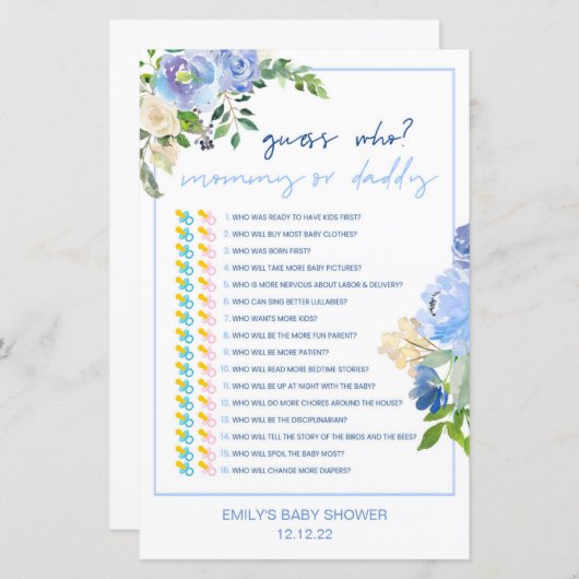 Elegant Blue Floral Baby shower Game Gedrukt, jong (Voorkant / Achterkant)