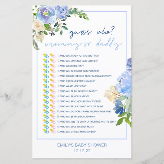 Elegant Blue Floral Baby shower Game Gedrukt, jong (Voorkant)