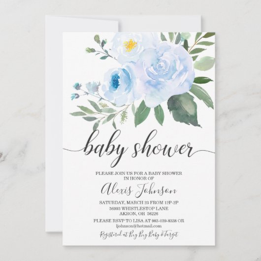 Elegant Blue Floral Baby shower Invitation Kaart (Voorkant)