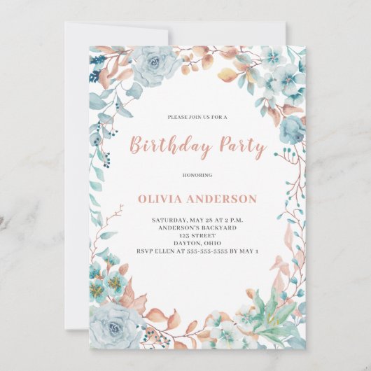 Elegant Blue Floral Birthday Invitation Kaart (Voorkant)