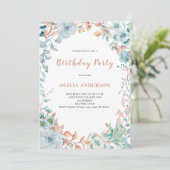 Elegant Blue Floral Birthday Invitation Kaart (Staand voorkant)