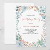 Elegant Blue Floral Birthday Invitation Kaart (Voorkant / Achterkant)