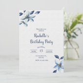 Elegant Blue Floral Birthday Invite, Boho Birthday Kaart (Staand voorkant)