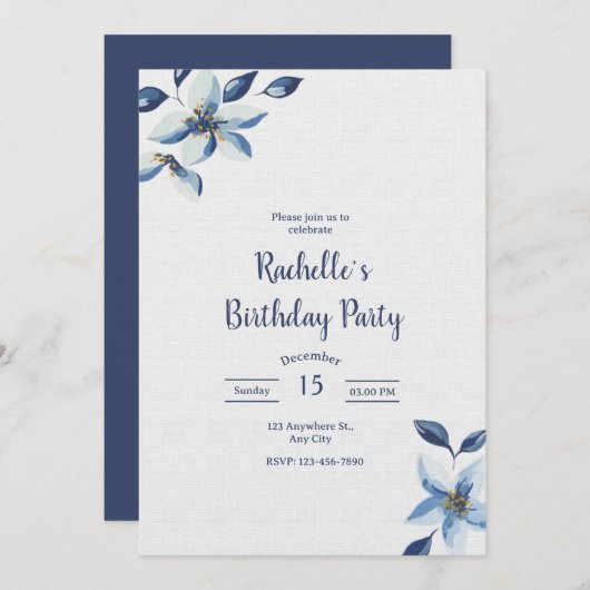 Elegant Blue Floral Birthday Invite, Boho Birthday Kaart (Voorkant / Achterkant)