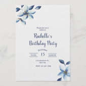 Elegant Blue Floral Birthday Invite, Boho Birthday Kaart (Voorkant)