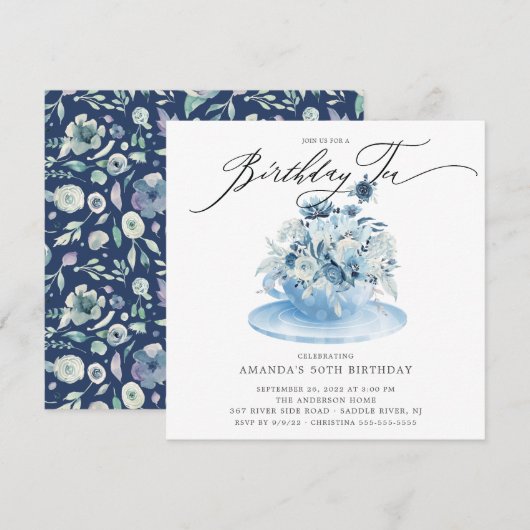 Elegant Blue Floral Birthday Tea Invitation Kaart (Voorkant / Achterkant)
