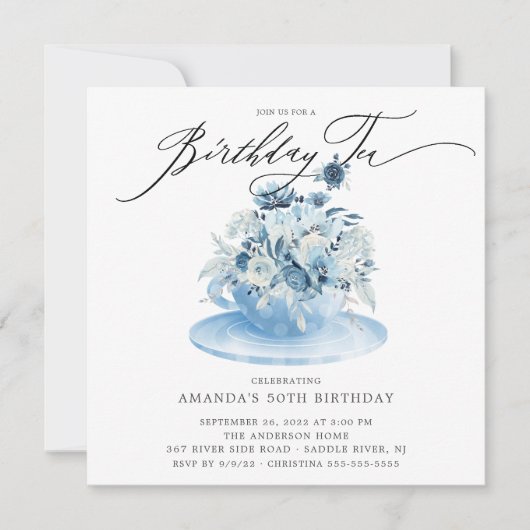 Elegant Blue Floral Birthday Tea Invitation Kaart (Voorkant)