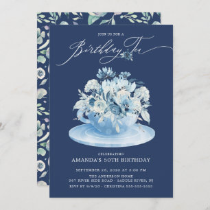 Elegant Blue Floral Birthday Tea Kaart