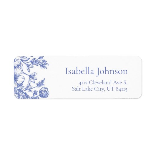 Elegant Blue Floral Botanical Retour Adres Label (Voorkant)