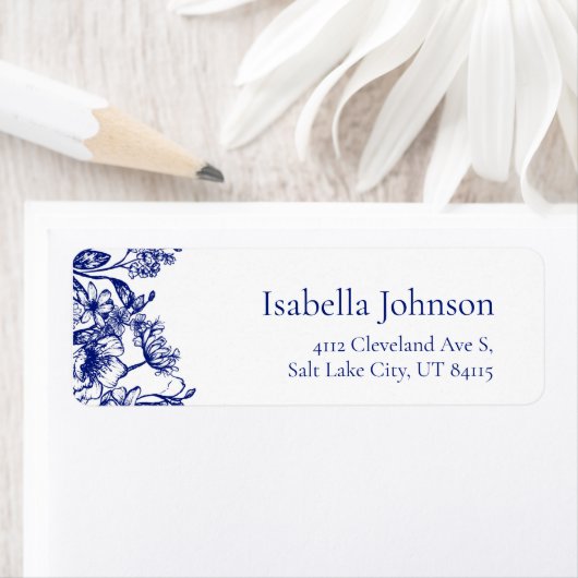 Elegant Blue Floral Botanical Retour Adres Label (Insitu)