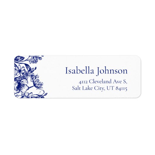 Elegant Blue Floral Botanical Retour Adres Label (Voorkant)