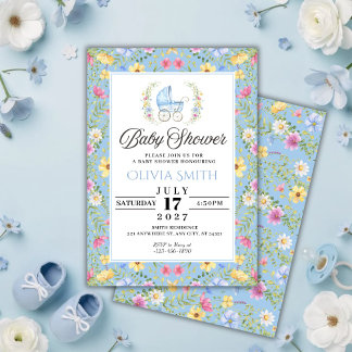 Elegant Blue Floral boy Baby Shower Kaart
