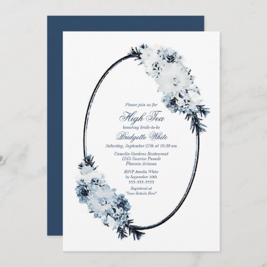 Elegant Blue Floral Bridal High Tea Kaart (Voorkant / Achterkant)
