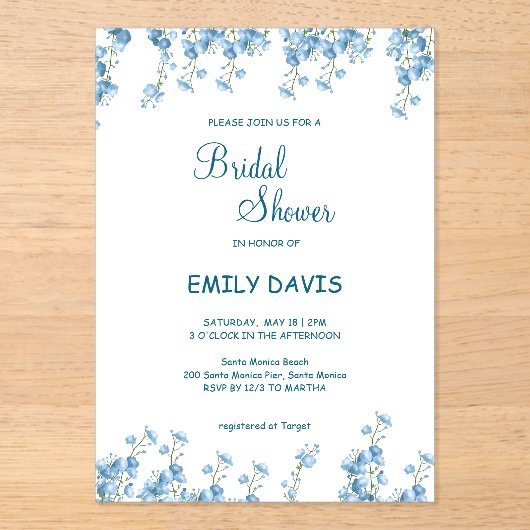 Elegant Blue Floral Bridal Shower Acryl Uitnodigingen (Voorkant)