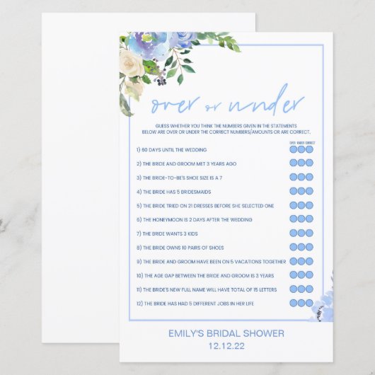 Elegant Blue Floral Bridal Shower Game Printed (Voorkant / Achterkant)