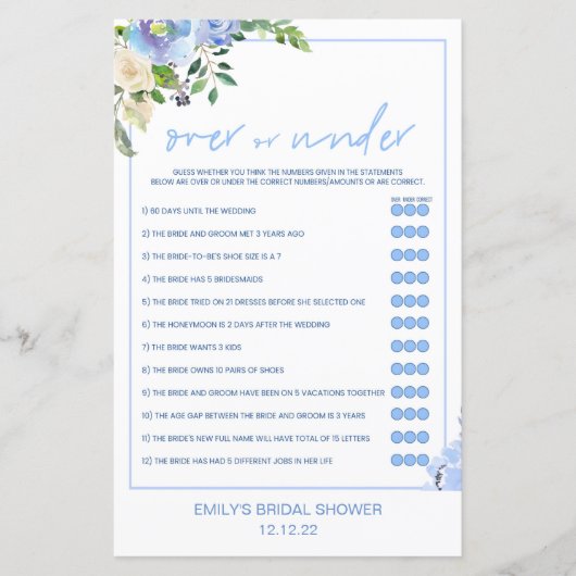 Elegant Blue Floral Bridal Shower Game Printed (Voorkant)