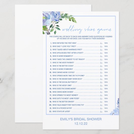 Elegant Blue Floral Bridal Shower Game Printed (Voorkant / Achterkant)