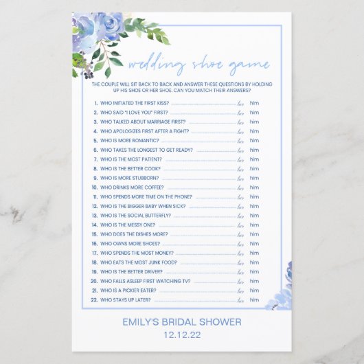 Elegant Blue Floral Bridal Shower Game Printed (Voorkant)