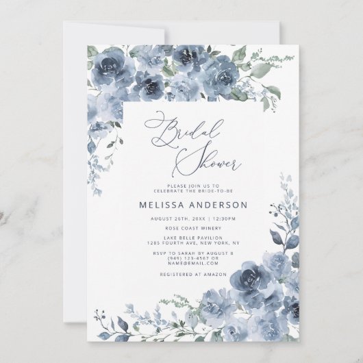 Elegant Blue Floral Bridal Shower Kaart (Voorkant)
