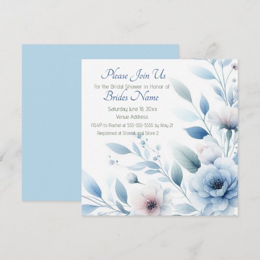 Elegant Blue Floral Bridal Shower Kaart (Voorkant / Achterkant)