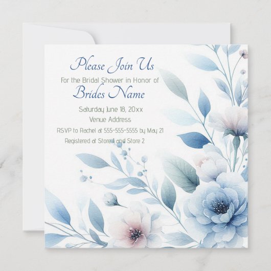 Elegant Blue Floral Bridal Shower Kaart (Voorkant)
