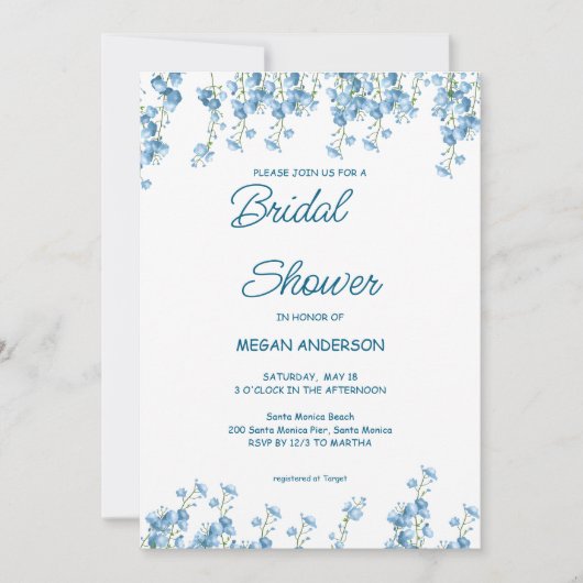 Elegant Blue Floral Bridal Shower Kaart (Voorkant)