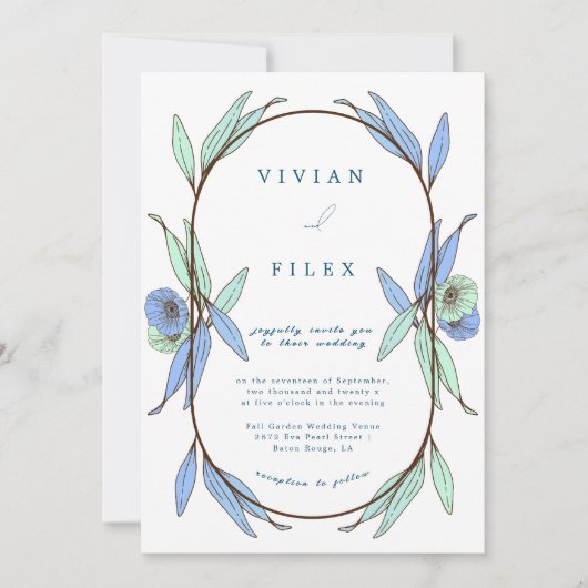 Elegant Blue Floral Capsul Wedding Kaart (Voorkant)