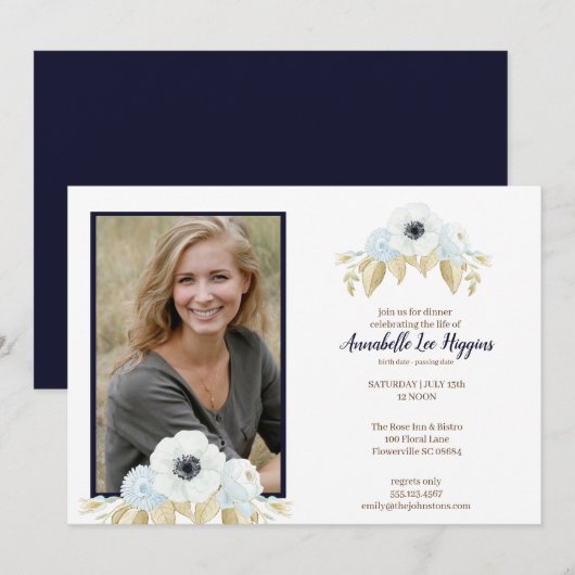 Elegant Blue Floral Celebration of Life Funeral Bedankkaart (Voorkant / Achterkant)