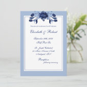 Elegant Blue Floral Chic Script Wedding Kaart (Staand voorkant)