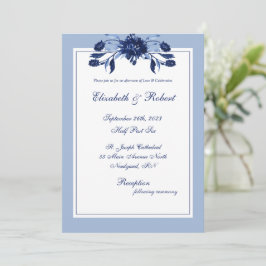 Elegant Blue Floral Chic Script Wedding Kaart
