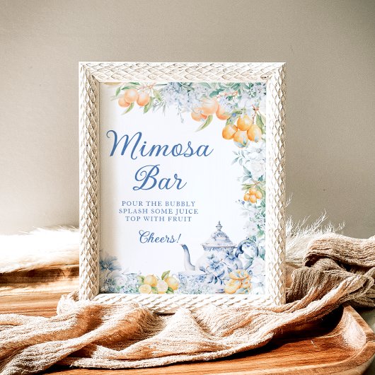 Elegant Blue Floral Citrus Theme Mimosa Bar Poster