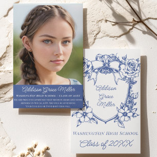 Elegant Blue Floral Coquette Afstuderen Foto Kaart