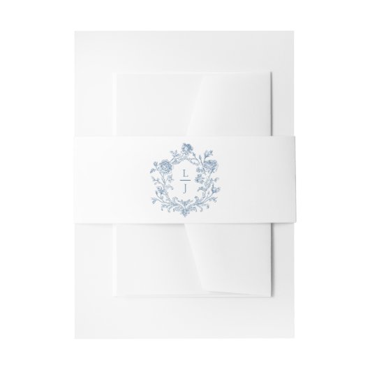 Elegant Blue Floral Crest Monogram Wedding Invite Uitnodigingen Wikkel (Voorkant Voorbeeld)